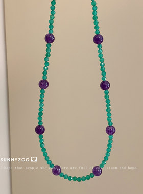 法鲁格林 天然紫水晶绿猫眼项链新中式小众串珠锁骨链钛钢颈链
