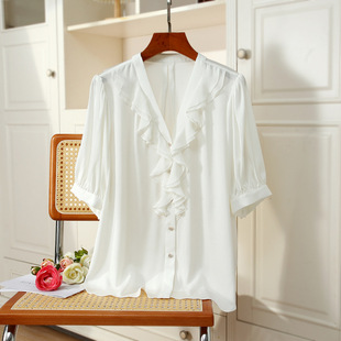 夏季V领荷叶边小众设计感桑蚕丝短袖上衣缎面衬衣法式真丝衬衫女