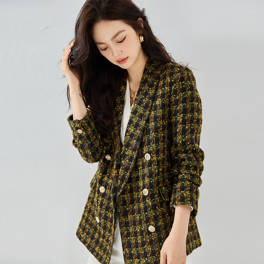 清仓26春秋季新青果领粗花呢格子亮色通勤小西服气质外套上衣女