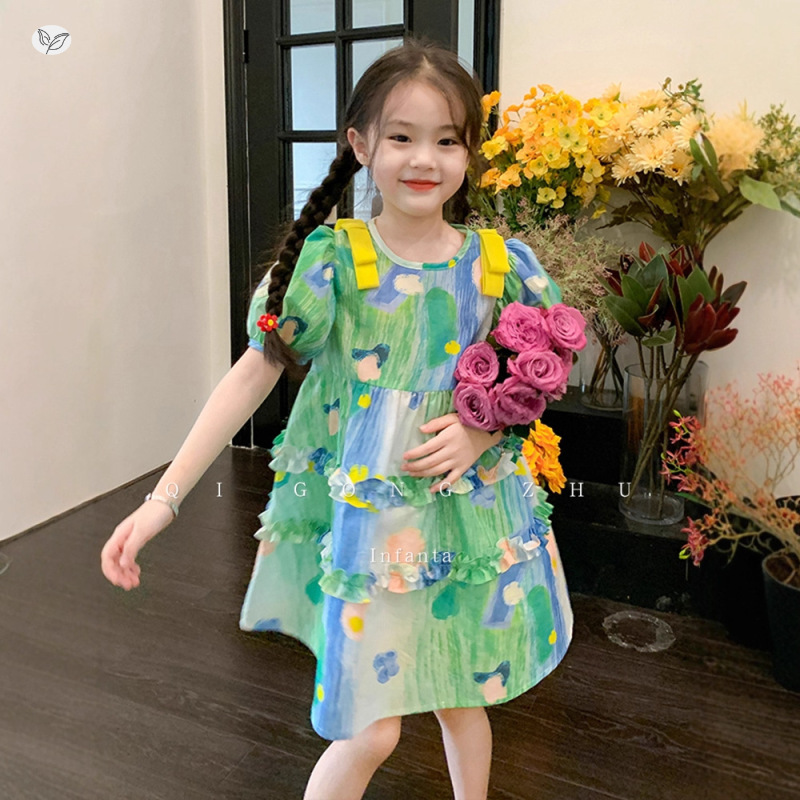 女童棉布裙夏季油画风连衣裙时髦新款渐变色儿童女碎花公主裙子，童装连衣裙，祺儿童装