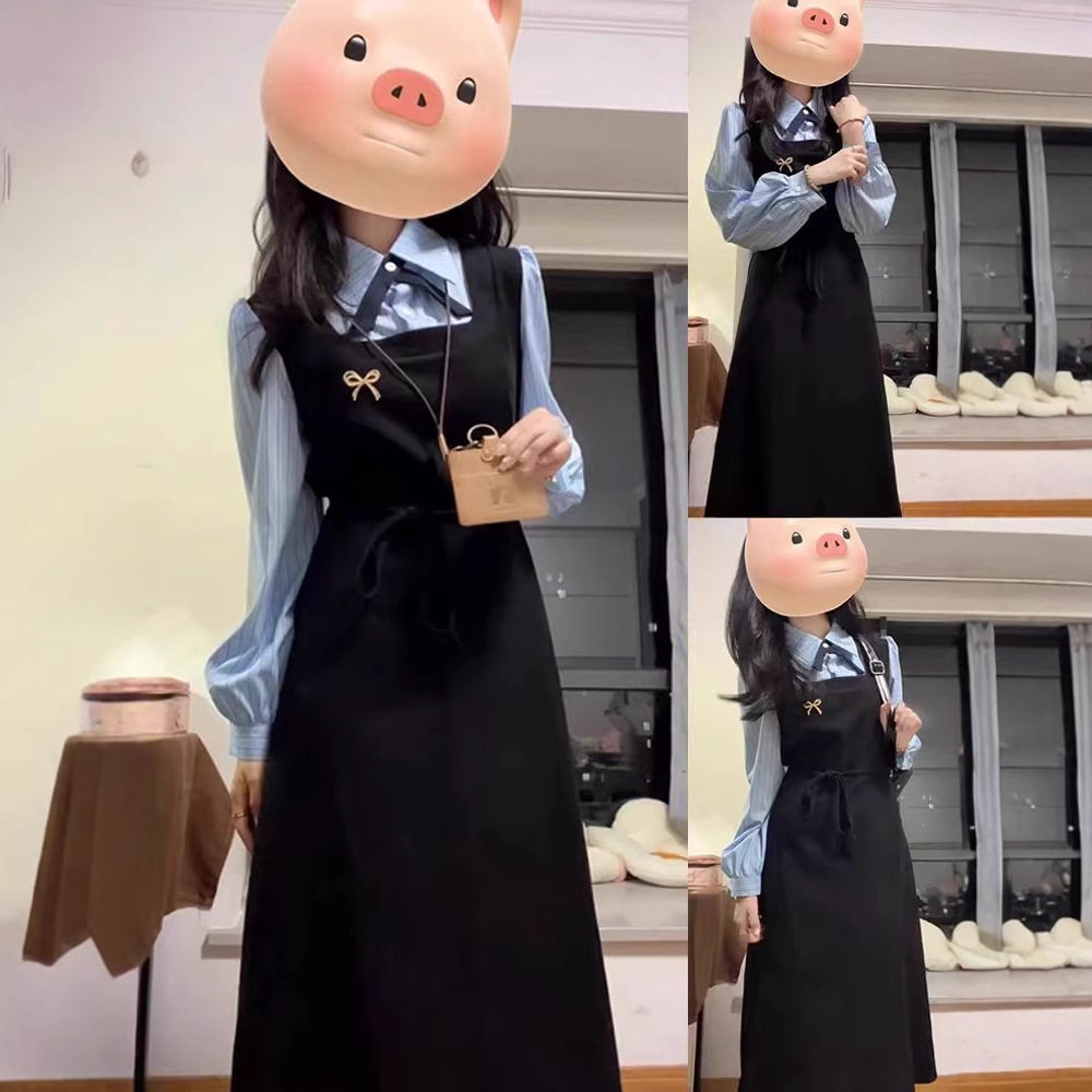 假两件学院风长袖连衣裙子女初春季2025新款教资面试穿搭韩系套装