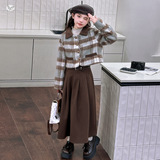 女童2025年秋冬加棉英伦风格子外套中大童保暖加厚半身裙呢大衣潮，童装休闲套装，祺儿童装