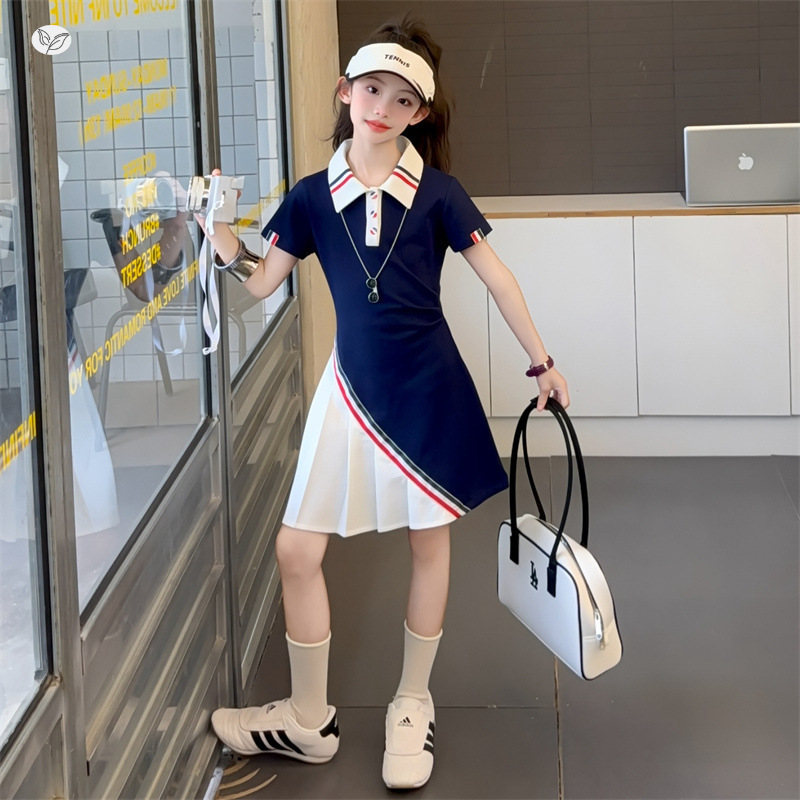 女童连衣裙2025夏季新款运动风polo领织带T恤裙中大童洋气百褶裙，童装连衣裙，祺儿童装