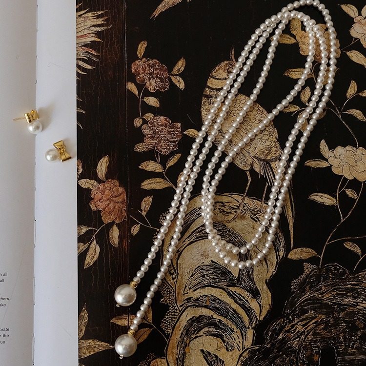 Z11珍藏多种戴法施家珍珠项链吊坠时髦超长多层叠戴毛衣链