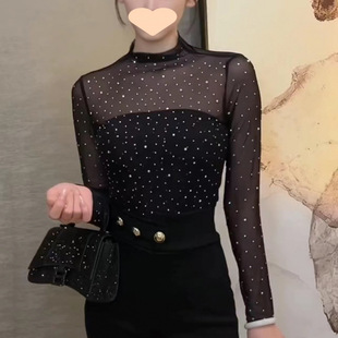 women 网纱上衣女长袖 top 法式 shirt 半领闪色亮片显瘦薄款