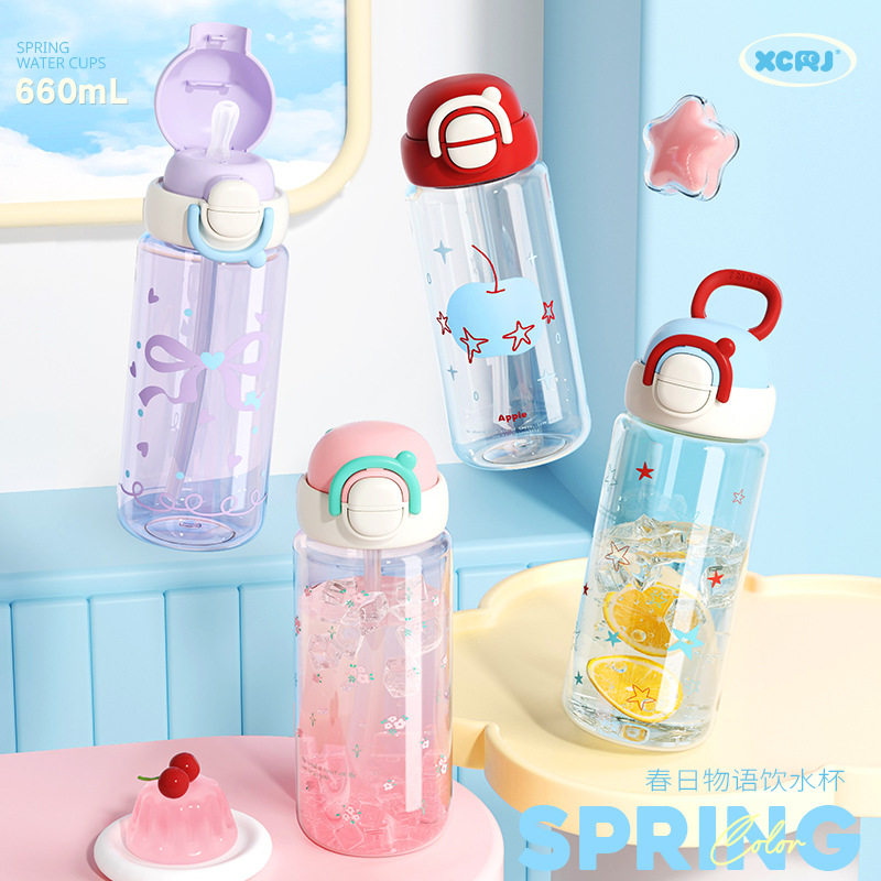 夏季吸管水杯学生儿童便携大容量弹盖防漏高颜值喝水壶660ML