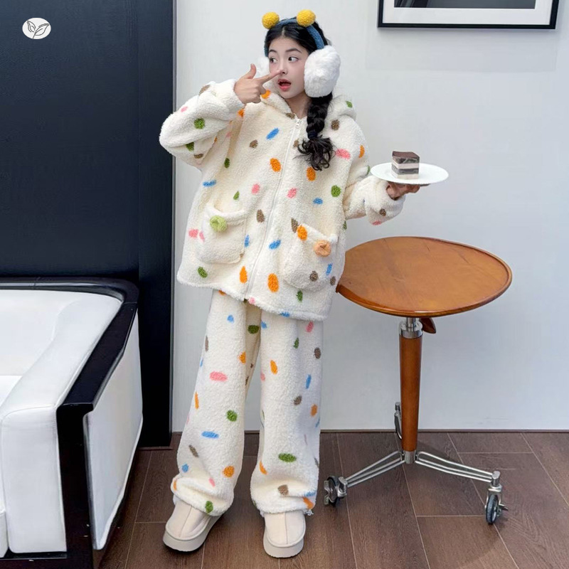 女童睡衣加绒2025年冬季新款中大童彩色波点外套阔腿裤两件套可爱，童装家居服（睡衣），祺儿童装