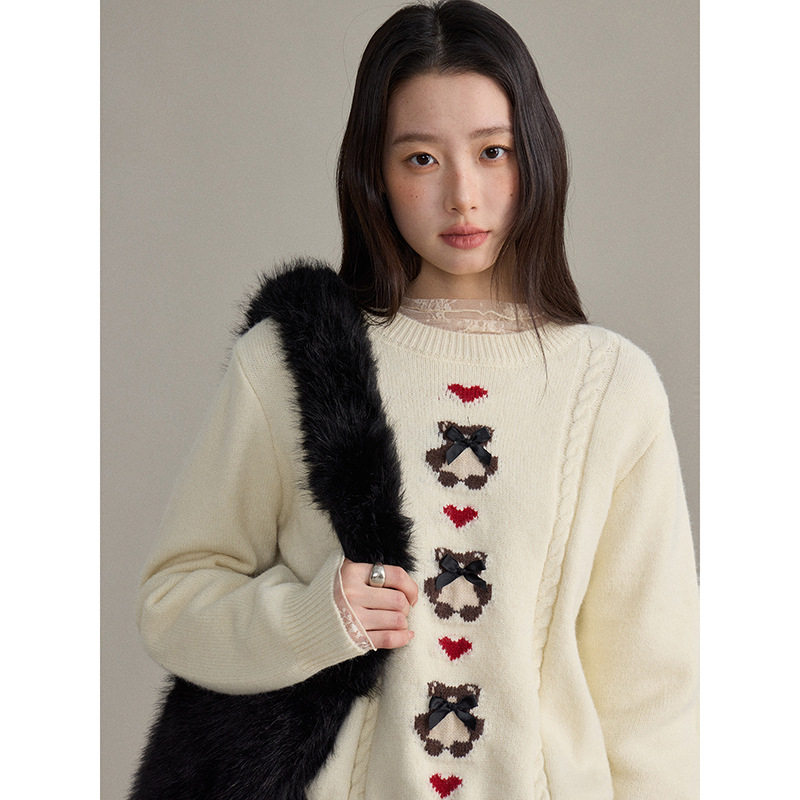 【小熊饼干】歌铭小熊爱心提花圆领毛针织衫女冬季长袖毛衣N0107D