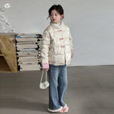 女童2025冬季新款唐装中式风棉服女大童浅粉系甜美加绒加厚棉衣，童装棉衣，祺儿童装