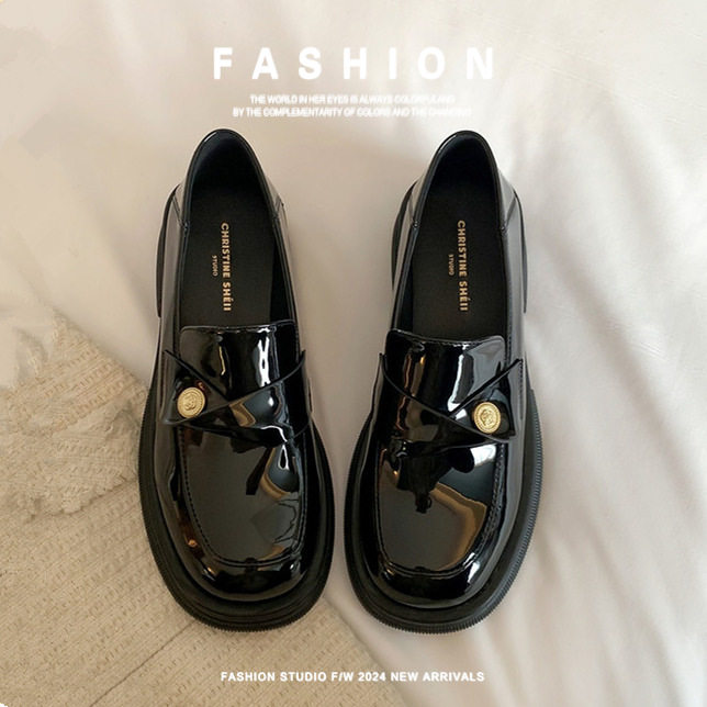 亮面黑色真皮小金币厚底制服鞋踩跟懒人粗跟乐福鞋女jk风小皮鞋