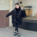 女童2025冬季新款韩系黑色连帽夹棉外套女大童加厚保暖中长款棉衣，童装棉衣，祺儿童装
