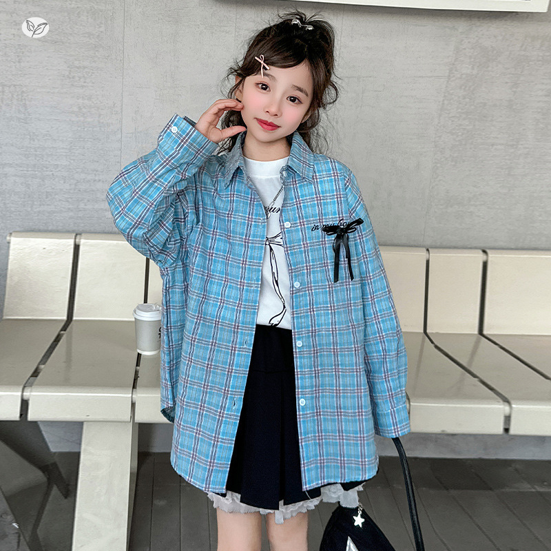 女童蓝色格子衬衫外套2025秋季新款儿童防晒中大童休闲上衣童装潮，童装衬衫，祺儿童装