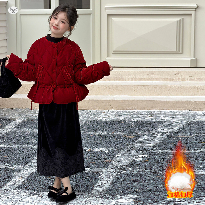 女童拜年服套装2025年冬季新款中大童加棉短款棉服裙子两件套时髦，童装休闲套装，祺儿童装