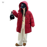 女童2025年冬新款正红中长款加厚棉服女大童户外防风保暖韩版棉衣，童装棉衣，祺儿童装