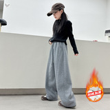 女童加绒长裤2025年秋冬新款休闲人字纹阔腿裤中大童保暖直筒长裤，童装裤子，祺儿童装