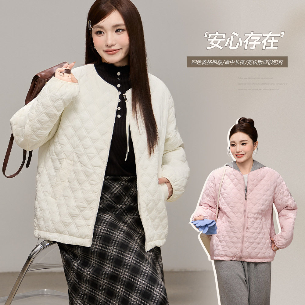韩系气质圆领简约菱格棉服冬款胖mm大码女装宽松显瘦保暖外套潮流