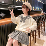 女童春秋套装2025新款中大童学院风卫衣格子百褶裙两件套时髦秋装，童装休闲套装，祺儿童装