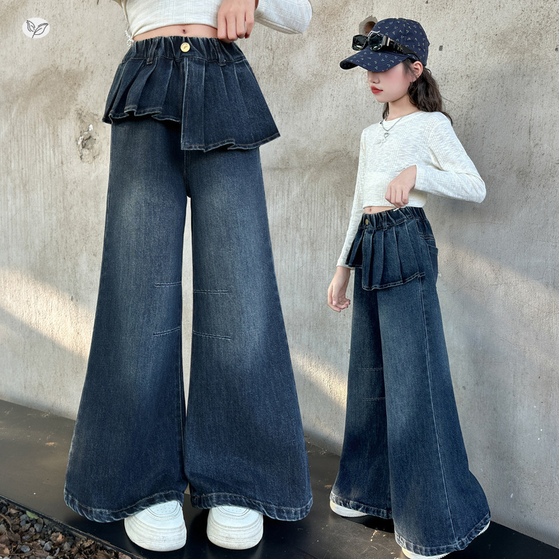 女童微喇牛仔裤春秋款2025新款时髦宽松阔腿裤中大童直筒裤拖地裤，童装裤子，祺儿童装