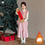 女童风马甲套装2025冬季新款加厚亮片半身裙三件套中大童拜年服，童装休闲套装，祺儿童装