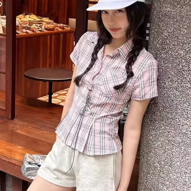 美式复古学院风女ins格纹正肩翻领修身polo领衬衫短袖T恤显瘦上衣
