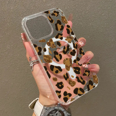 brown leopard print magnetic clear case适用iphone 11 12 13 14 15 16 plus 17 pro max