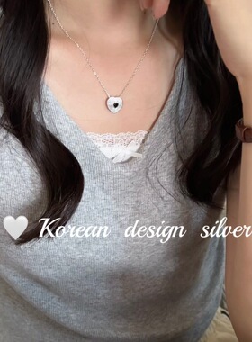 韩国ins爆款网红项饰品 S925纯银爱心形条纹黑钻项链女 小众