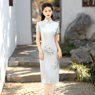 日常浅色系中长款双层醋酸旗袍档大码收腰显瘦素色年轻款妈妈装