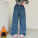 女童秋冬加绒牛仔裤2025年新款彩色爱心刺绣阔腿裤中大童直筒长裤，童装裤子，祺儿童装