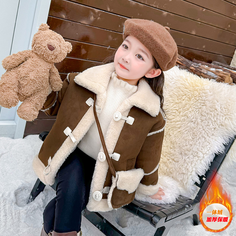 女童加绒外套秋冬款2025新款洋气儿童冬季时髦加厚女保暖上衣P84，童装外套，祺妙童装