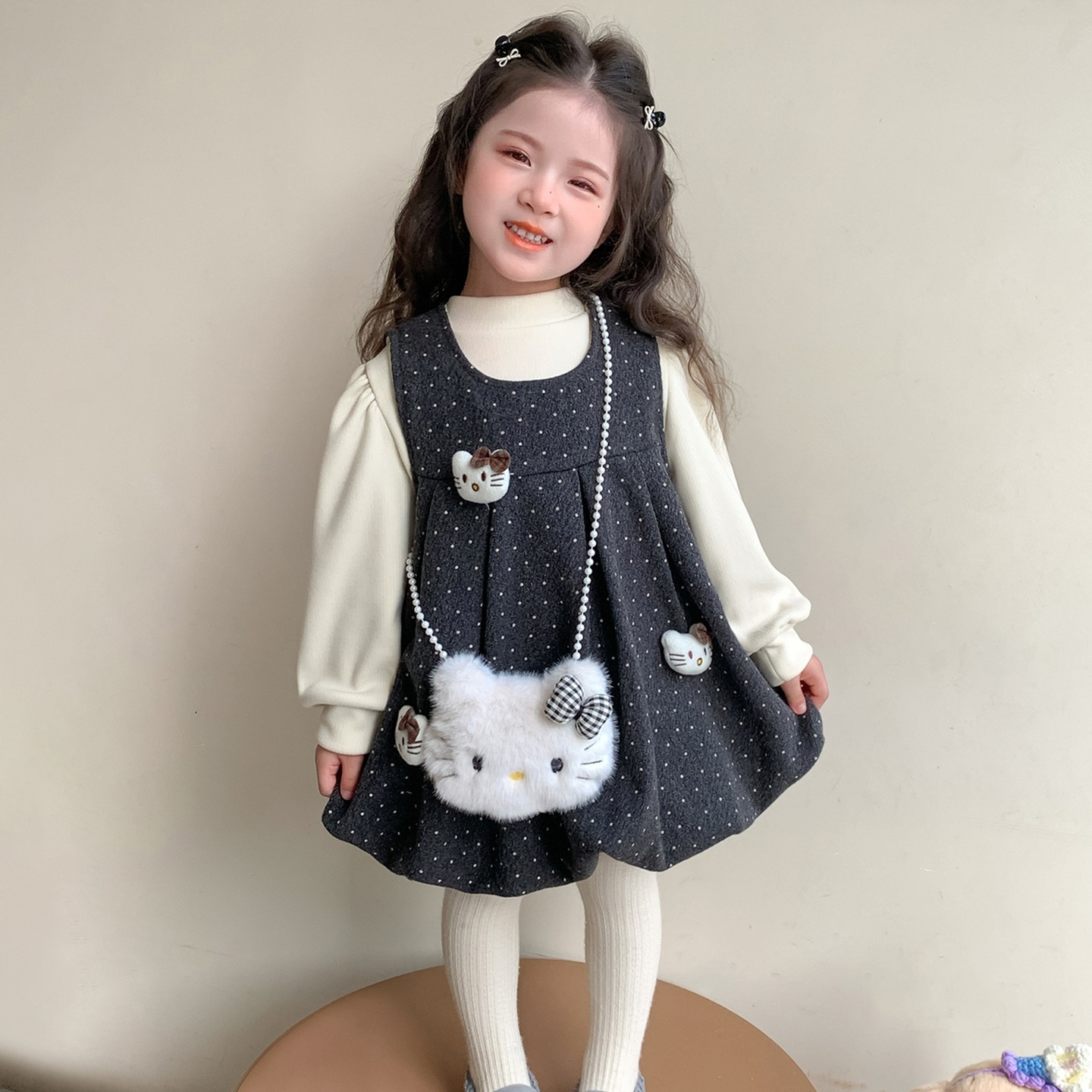 女童卡通连衣裙套装秋冬季2025新款洋气女加绒保暖冬装两件套P84，童装休闲套装，祺妙童装