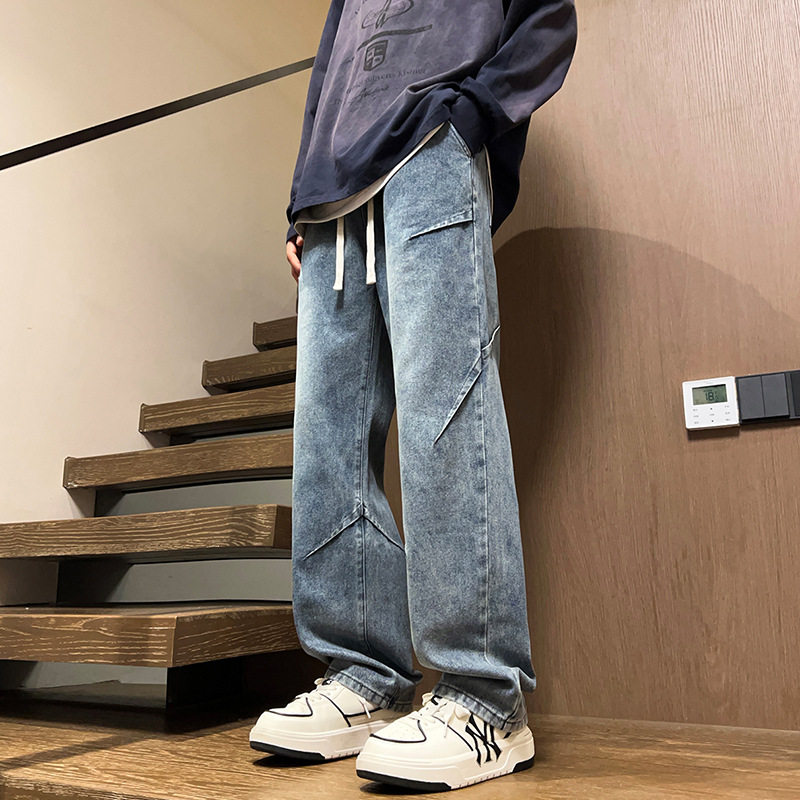 微弹青年褶皱港风工装牛仔裤男宽松阔腿水洗复古美式高街潮牌长裤