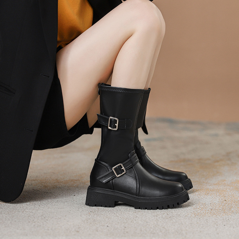 内增高马丁靴女2024新款英伦风皮带扣中筒靴粗跟厚底西部骑士靴