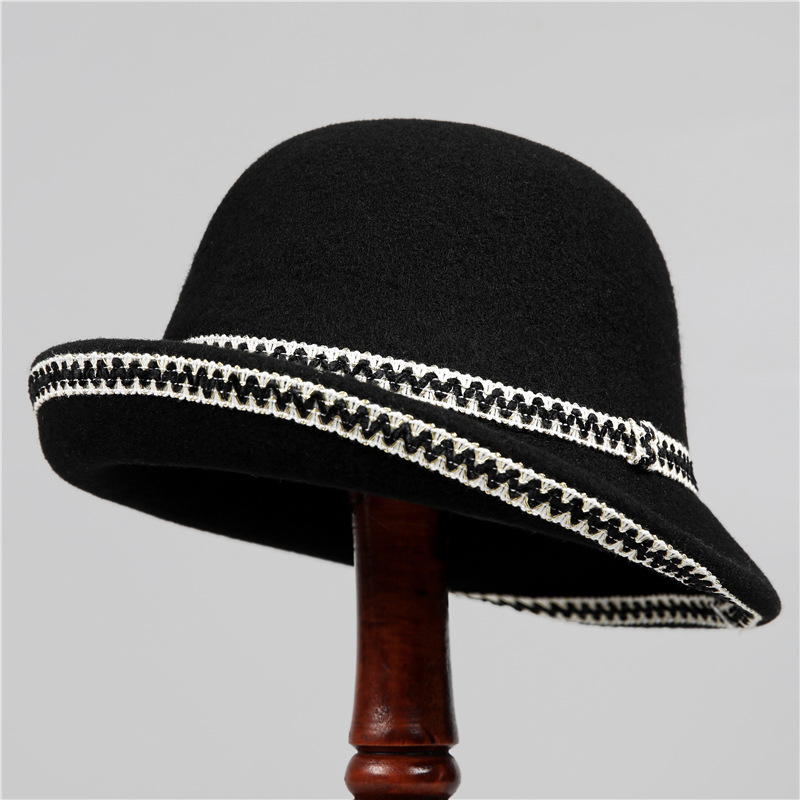 小香风复古撞色织带翘边礼帽秋冬妈妈优雅保暖羊毛针织渔夫盆帽子