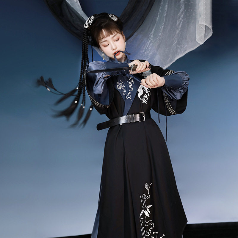 沐原创勾陈汉元素改良风衣日常汉服马面裙黑色国风外套明制