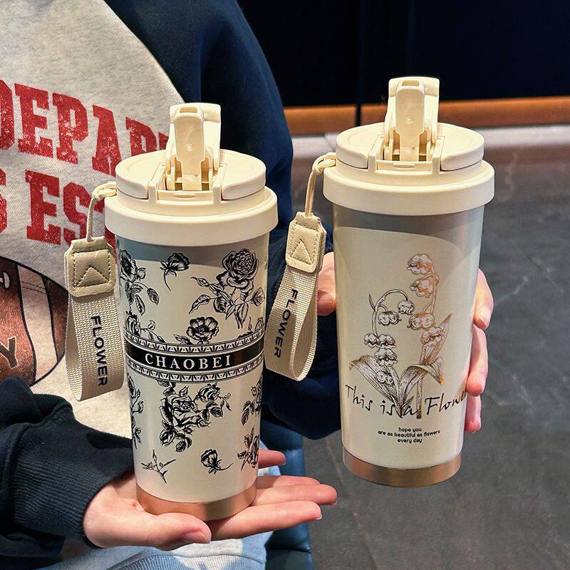 高颜值保温杯咖啡杯休闲陶瓷内胆吸管双饮水杯礼品杯子送闺蜜情侣