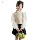 女童2025年春秋新款公主网纱蝴蝶结毛衣女大童灯笼袖木耳边毛毛衣，童装毛衣，祺儿童装