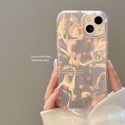 Bowknot tulip ripple case适用iphone 11 12 13 14 15 16 17 pro max XR XS MAX 7 8 PLUS