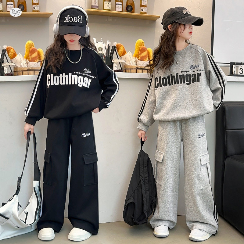 女童卫衣套装2025秋装女大童直筒裤休闲阔腿裤儿童运动裤两件套潮，童装休闲套装，祺儿童装