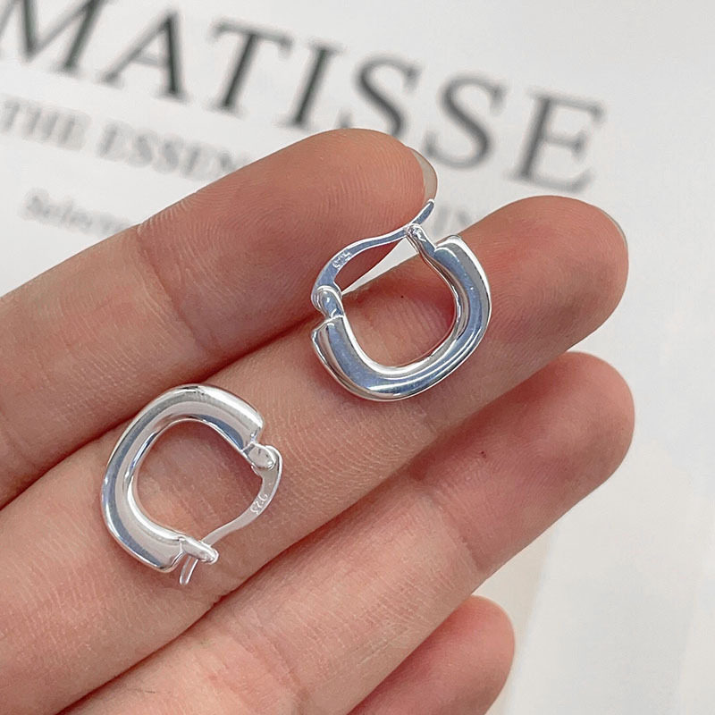 s925纯银u形耳扣慵懒时髦重工经典基础款光面素圈几何方形耳环