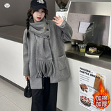女童呢子大衣2025年冬季新款中大童韩系夹棉外套彩扣流苏围巾风衣，童装外套，祺儿童装