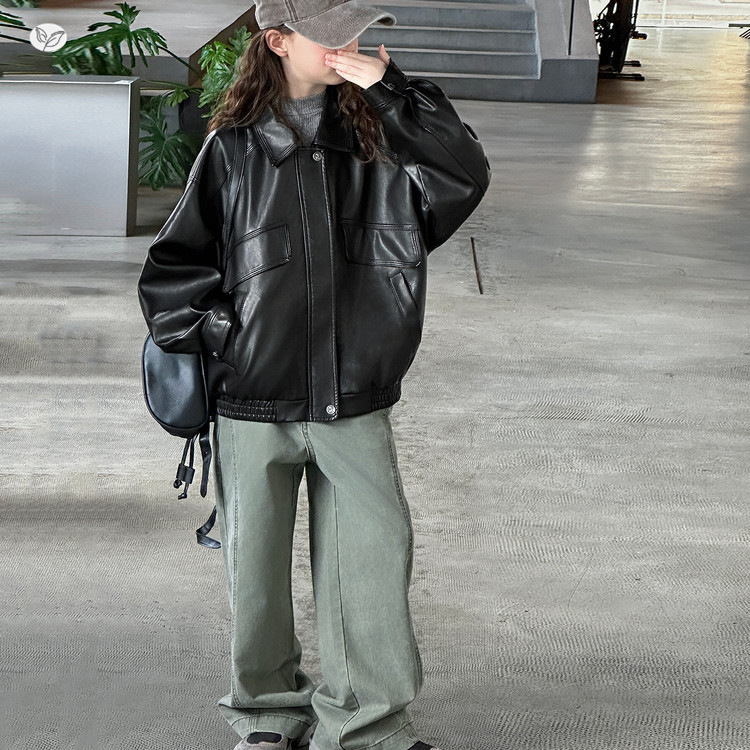 女童皮衣外套2025年秋季新款中大童机车风夹克衫潮酷长袖开衫春秋，童装夹克，祺儿童装