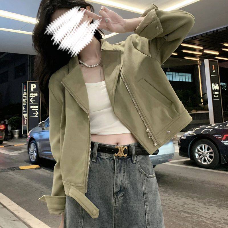 韩系V字大翻领麂皮绒外套女学生秋季新款宽松显瘦小个子短款夹克