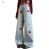 女童卡通刺绣牛仔裤2025年秋冬加绒新款中大童休闲阔腿裤直筒长裤，童装裤子，祺儿童装