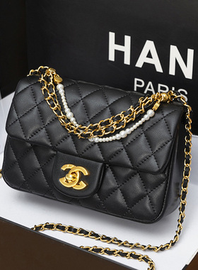 轻奢新款时尚简约珍珠链条包手提女包小香风肩菱格斜挎小方包