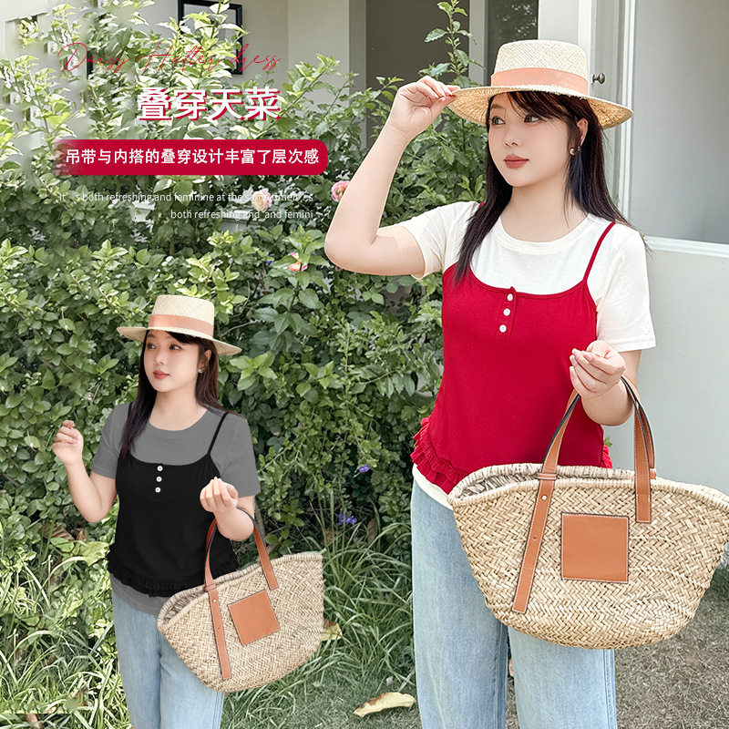 韩版气质甜妹木耳边吊带背心短袖T恤两件套夏季新款叠穿套装200斤