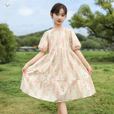 女童连衣裙2025夏季新款泡泡袖碎花棉布裙中大童洋气公主裙中长裙，童装连衣裙，祺儿童装