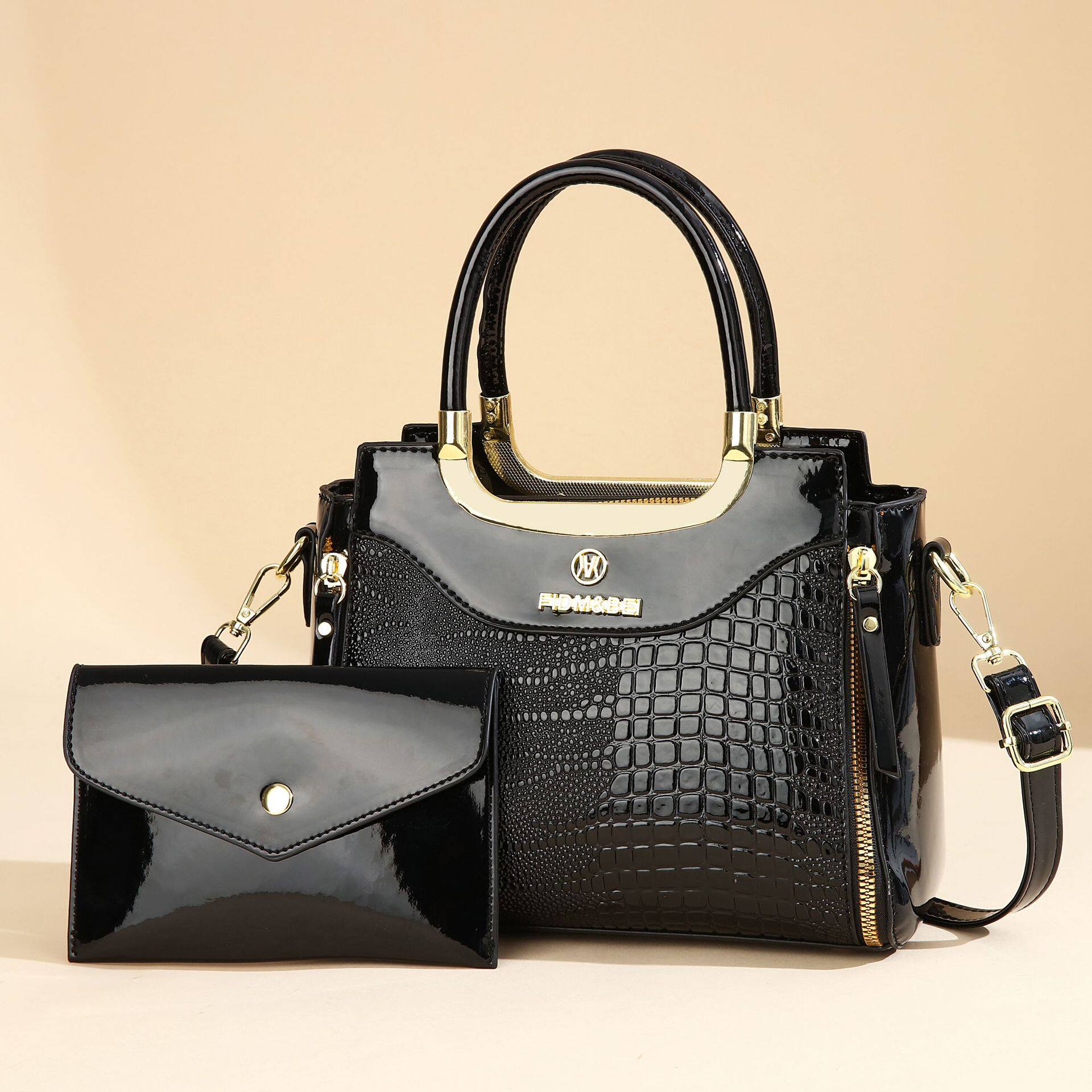 女士手提包单肩斜挎黑色红色鳄鱼纹pu拉链子母包休闲简约通勤日常