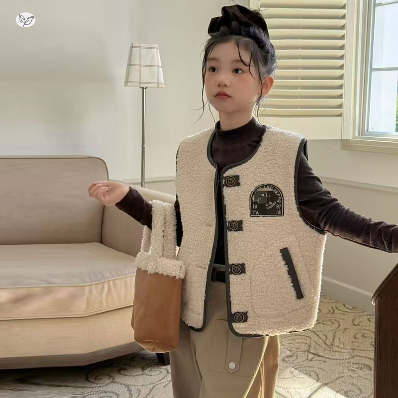 女童马甲套装2025秋冬新款韩系打底衫羊羔毛背心两件套中大童春秋，童装马甲，祺儿童装