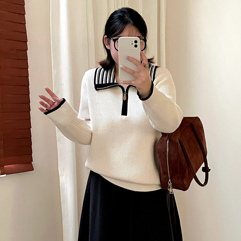 条纹翻领针织衫半拉链毛衣通勤