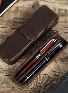 复古疯马牛皮真皮质笔袋2支装抽拉式磁吸学生钢笔收纳盒旅行便携